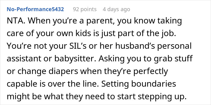 Text comment discussing a parent setting boundaries with SIL and BIL regarding childcare responsibilities and babysitting. Text comment discussing a parent setting boundaries with SIL and BIL regarding childcare responsibilities and babysitting.
