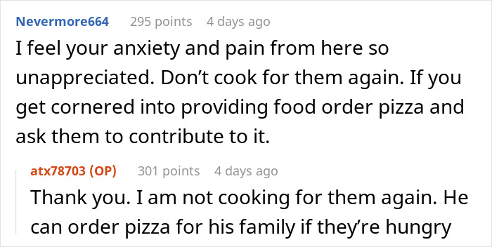 Screenshot of a Reddit conversation about entitled family behavior leading to frustration over cooking and food contributions.