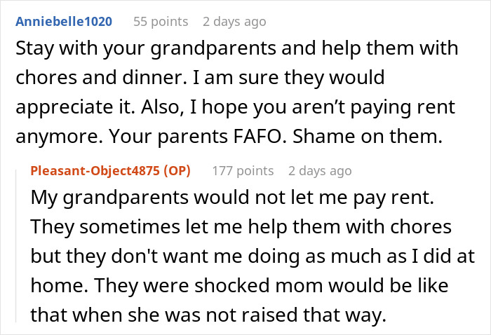Screenshot of a Reddit conversation about an 18-year-old leaving toxic parents and living with grandparents.