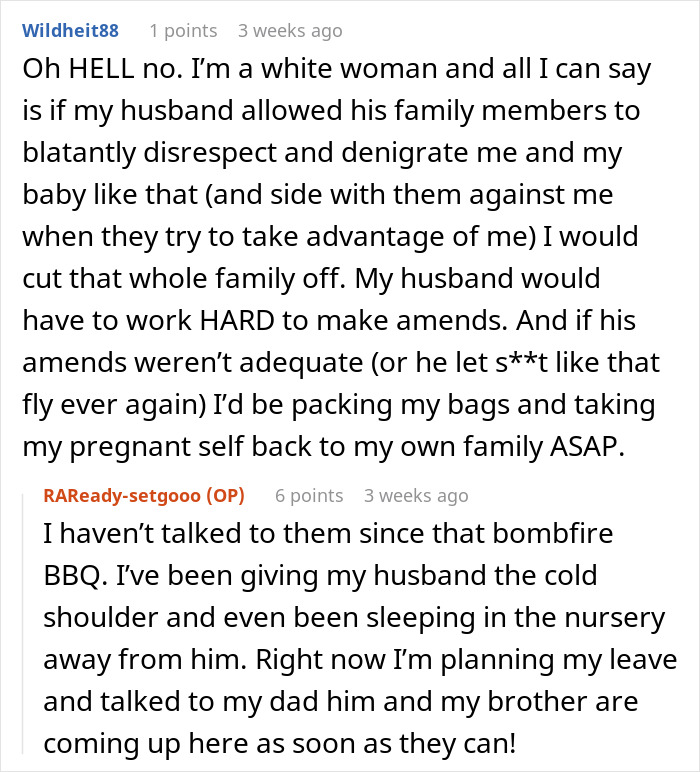 Comments discussing family conflict and racist behavior after a pregnant woman refuses to babysit niblings. Comments discussing family conflict and racist behavior after a pregnant woman refuses to babysit niblings.