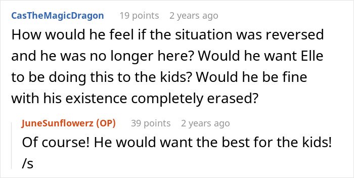 Screenshot of a discussion about a guy and new wife trying to erase late wife from kids’ lives and aunt's refusal.