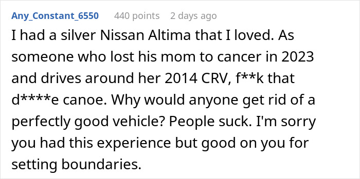 Screenshot of a Reddit comment discussing a silver Nissan Altima and setting boundaries after a difficult experience. Screenshot of a Reddit comment discussing a silver Nissan Altima and setting boundaries after a difficult experience.
