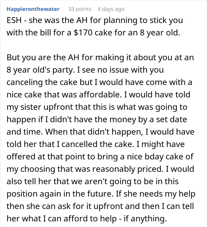 Comment discussing drama over a sister asking an aunt with no kids to pay for an expensive birthday cake. Comment discussing drama over a sister asking an aunt with no kids to pay for an expensive birthday cake.