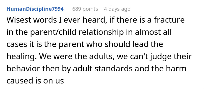 Reddit comment discussing parent-child relationship fracture and parental responsibility in healing generational trauma.