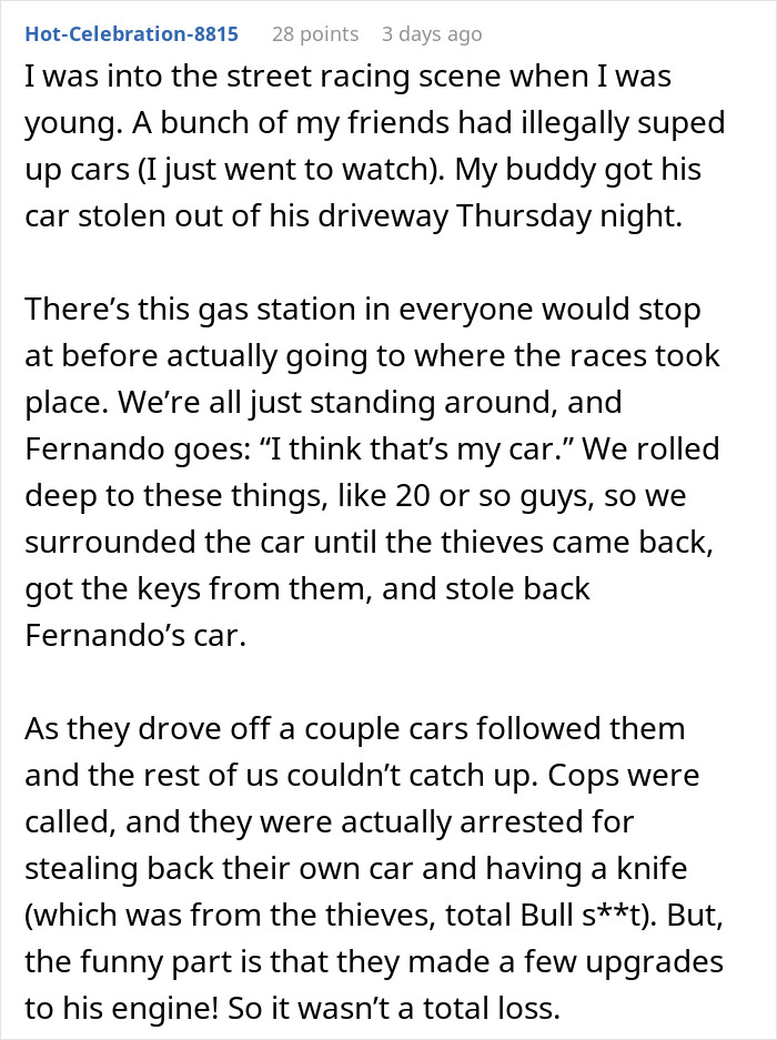 Text post describing a story about car thieves stopped by a group tricking them into abandoning a getaway car. Text post describing a story about car thieves stopped by a group tricking them into abandoning a getaway car.