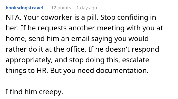 Comment screenshot showing advice for a single mom uncomfortable with her boss showing up at her home, urging documentation. Comment screenshot showing advice for a single mom uncomfortable with her boss showing up at her home, urging documentation.