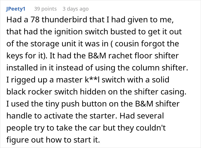 Screenshot of a user sharing a story about car thieves stopped by a clever trick involving a hidden starter switch. Screenshot of a user sharing a story about car thieves stopped by a clever trick involving a hidden starter switch.