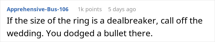 Screenshot of a Reddit comment discussing how the size of a proposal ring can be a dealbreaker in relationships.