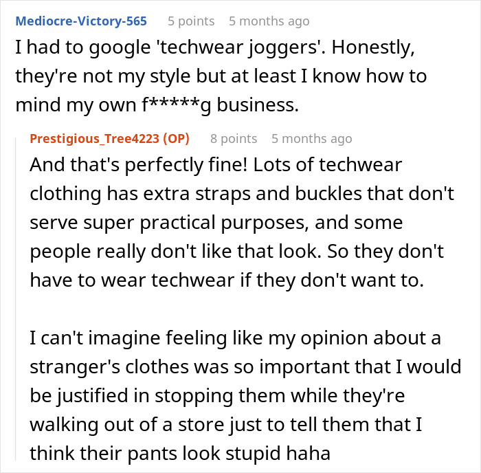 Online comment thread showing a boomer complaining about stranger’s pants and reacting to the unexpected response. Online comment thread showing a boomer complaining about stranger’s pants and reacting to the unexpected response.