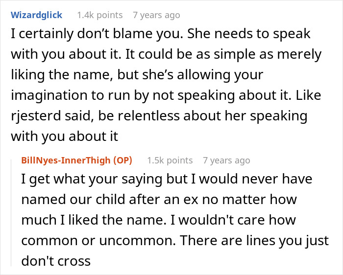 Screenshot of forum conversation discussing husband feeling sick after realizing who their son is named after. Screenshot of forum conversation discussing husband feeling sick after realizing who their son is named after.
