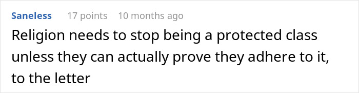 Screenshot of a user comment discussing religion in relation to a custodian refusing to empty feminine hygiene waste bins. Screenshot of a user comment discussing religion in relation to a custodian refusing to empty feminine hygiene waste bins.