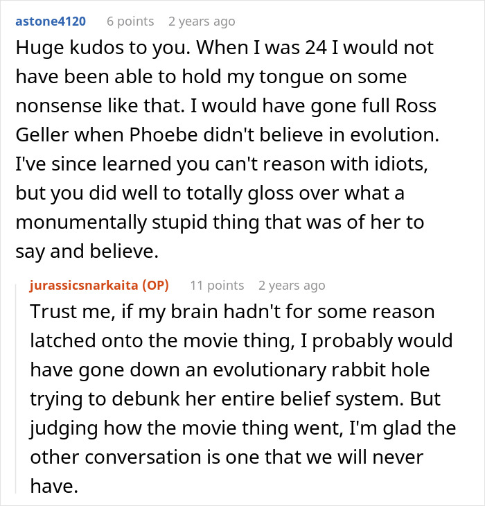 Online discussion about woman who doesn’t believe in dinosaurs and conflict over Jurassic Park movie watching. Online discussion about woman who doesn’t believe in dinosaurs and conflict over Jurassic Park movie watching.