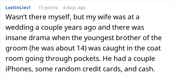 Screenshot of a comment describing bride sister steal money caught camera incident during a wedding drama. Screenshot of a comment describing bride sister steal money caught camera incident during a wedding drama.