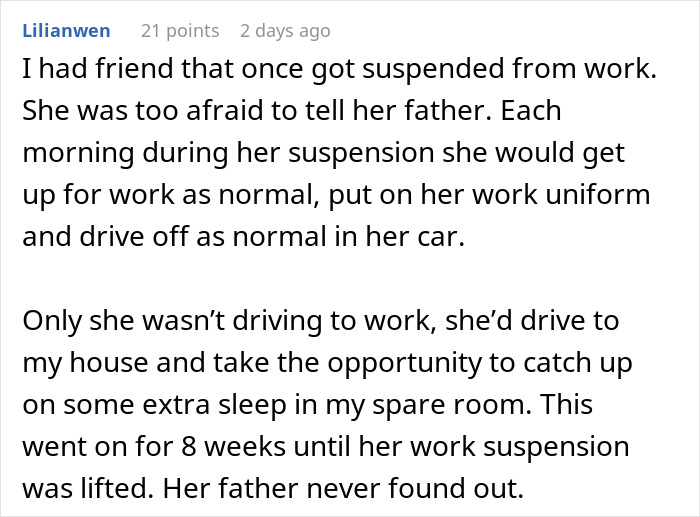 User sharing a story about a friend who pretended to be employed while suspended from work, highlighting deception and job status. User sharing a story about a friend who pretended to be employed while suspended from work, highlighting deception and job status.
