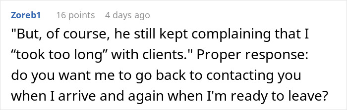 Screenshot of a forum comment discussing being told to message after every client but then being ignored for hours.