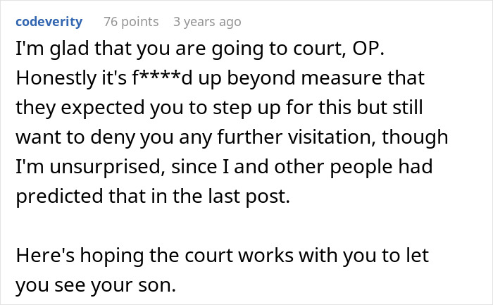 Screenshot of an online comment discussing family drama involving a bio dad refusing to babysit and legal visitation issues.