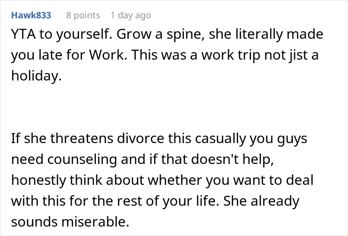 Screenshot of an online comment discussing a wife filing for divorce after husband points out her travel-related weird quirk. Screenshot of an online comment discussing a wife filing for divorce after husband points out her travel-related weird quirk.