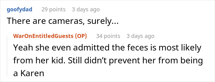 Reddit comments discussing a Karen’s kid poop incident at a hotel pool, mentioning cameras and feces admission.