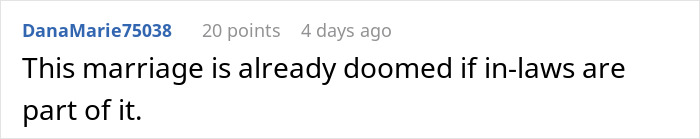Screenshot of a social media comment discussing in-laws demanding a woman quit her job for emasculating their son. Screenshot of a social media comment discussing in-laws demanding a woman quit her job for emasculating their son.