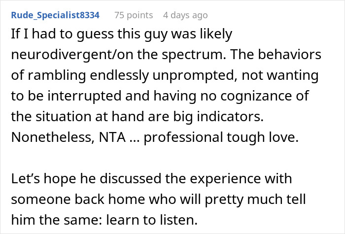 Comment discussing a job interview scenario with insights about behavior and advice on learning to listen. Comment discussing a job interview scenario with insights about behavior and advice on learning to listen.