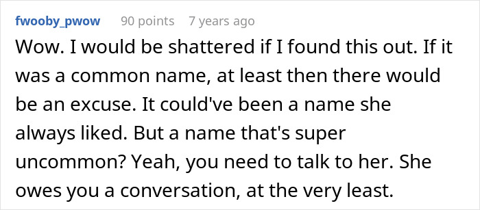 Screenshot of a heartfelt comment reacting to a husband feeling sick after realizing who their son is named after. Screenshot of a heartfelt comment reacting to a husband feeling sick after realizing who their son is named after.