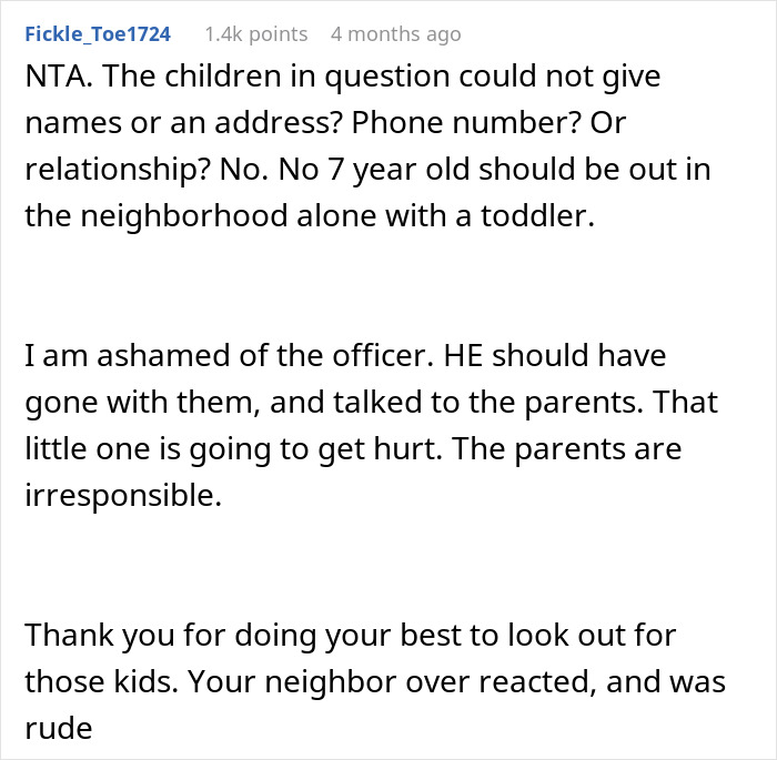 Screenshot of a Reddit comment discussing a neighbor’s meltdown after calling cops on 2-year-old wandering streets alone. Screenshot of a Reddit comment discussing a neighbor’s meltdown after calling cops on 2-year-old wandering streets alone.