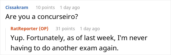 Screenshot of a Reddit conversation where an employee mentions finishing exams while discussing work-related topics. Screenshot of a Reddit conversation where an employee mentions finishing exams while discussing work-related topics.