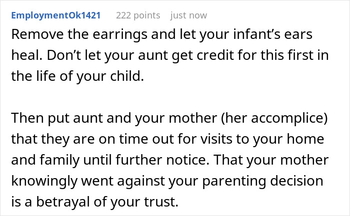 Comment discussing unlicensed ear piercing by aunt on infant, with mom upset after spotting gold studs. Comment discussing unlicensed ear piercing by aunt on infant, with mom upset after spotting gold studs.