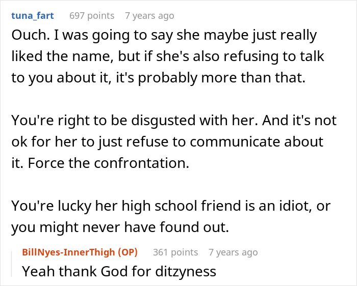 Screenshot of a Reddit discussion about a husband feeling sick after realizing who their son is named after, with users debating communication. Screenshot of a Reddit discussion about a husband feeling sick after realizing who their son is named after, with users debating communication.