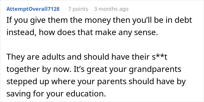 Comment discussing a teen refusing to sacrifice her future to fix parents’ financial mistakes with frustration over debt.