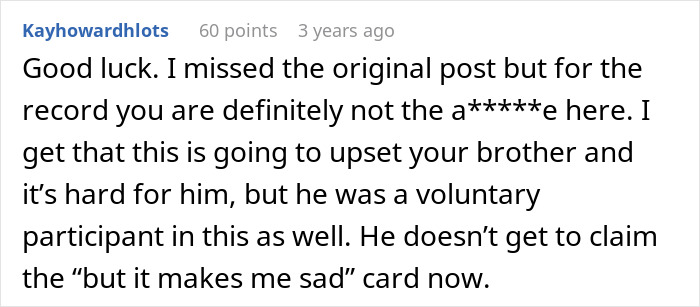 Commenter discusses a bio dad refusing babysit causing family drama and addresses fairness in sibling conflicts.