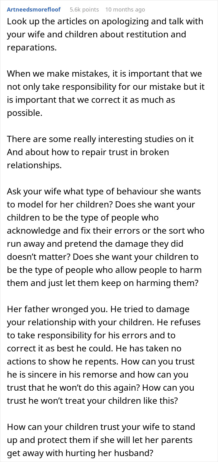 Text excerpt discussing trust issues and repairing relationships after false accusation wife father damage in family dynamics.