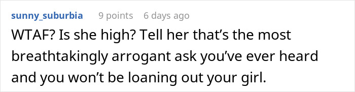 Comment text on a white background, expressing shock at an acquaintance's request to lend her daughter for a wedding. Comment text on a white background, expressing shock at an acquaintance's request to lend her daughter for a wedding.