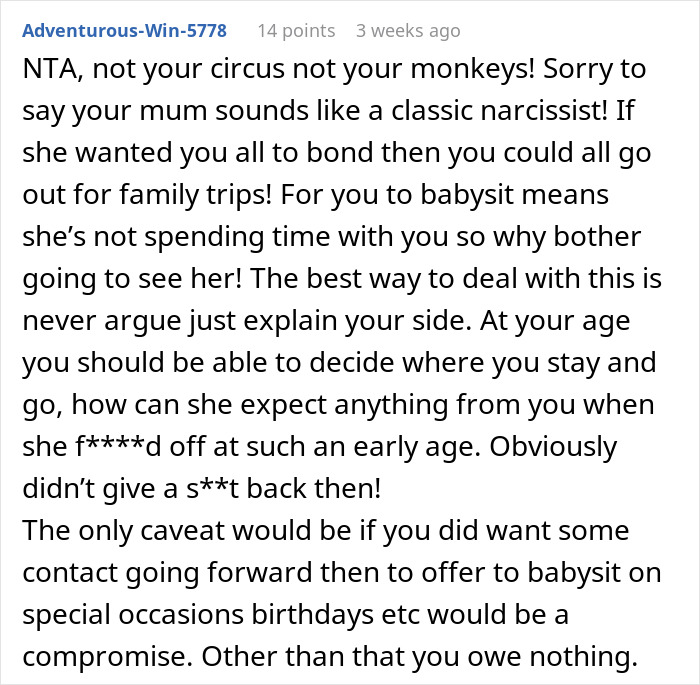 Comment on absentee mom expecting teen to babysit fiancé’s kids so they can enjoy dates, highlighting family and babysitting issues. Comment on absentee mom expecting teen to babysit fiancé’s kids so they can enjoy dates, highlighting family and babysitting issues.