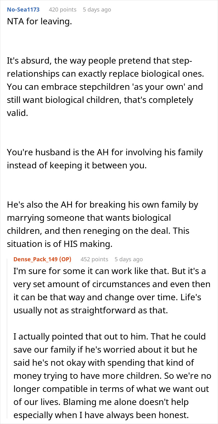 Comments on relationship conflicts involving marriage, kids, fertility, and challenges with stepfamily dynamics.