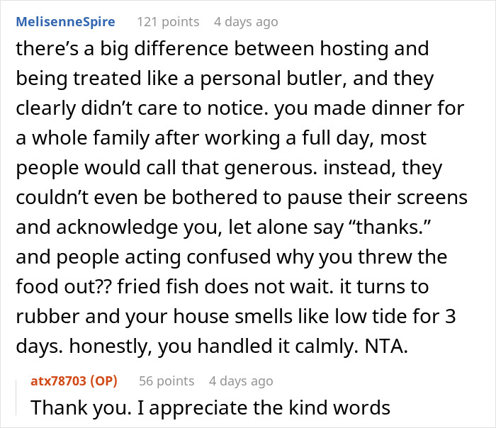 Comment discussing entitled family behavior during hosting, highlighting lack of gratitude and unfair treatment as personal servant.