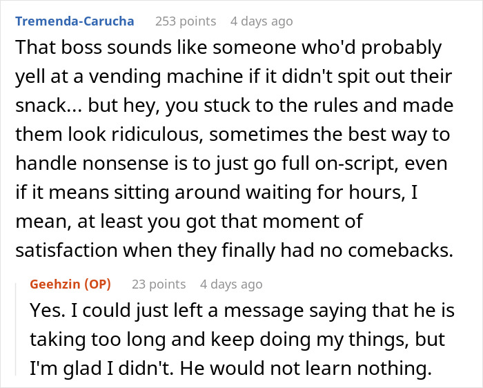Screenshot of a Reddit conversation about a boss telling a guy to message after every client then ignoring him for hours.