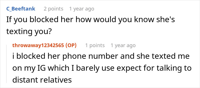 Screenshot of a Reddit conversation about blocking a gold digger and holiday friend drama involving texts on Instagram. Screenshot of a Reddit conversation about blocking a gold digger and holiday friend drama involving texts on Instagram.