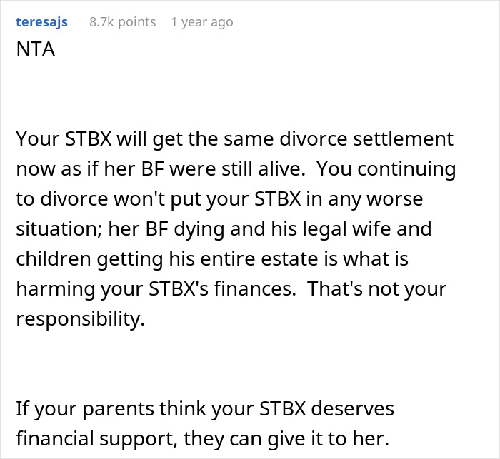 Text message conversation about wife leaving for affair partner, boyfriend dying in crash, and divorce settlement issues. Text message conversation about wife leaving for affair partner, boyfriend dying in crash, and divorce settlement issues.