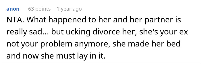 Screenshot of a forum comment about a wife who left for an affair partner and now wants her ex to delay the divorce. Screenshot of a forum comment about a wife who left for an affair partner and now wants her ex to delay the divorce.