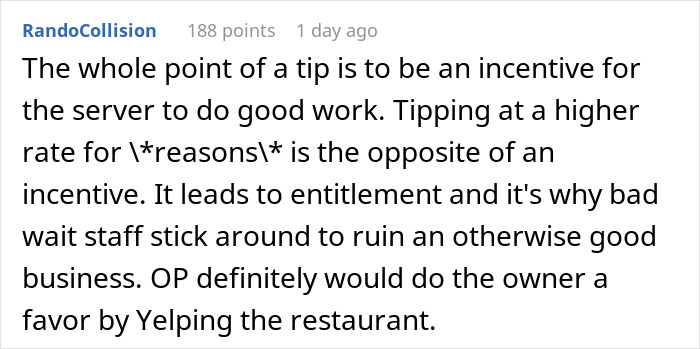 Screenshot of a Reddit comment discussing tipping and waitstaff entitlement in response to man taking back his tip after waitress shaming him. Screenshot of a Reddit comment discussing tipping and waitstaff entitlement in response to man taking back his tip after waitress shaming him.