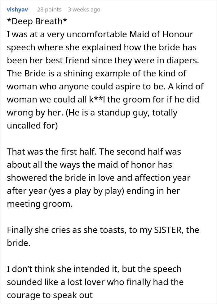 Text excerpt describing a best man’s speech comparing groom’s choice of bride to IKEA trip, shocking guests.
