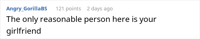 Screenshot of a Reddit comment stating the girlfriend is the only reasonable person in a relationship drama involving visits and family conflict. Screenshot of a Reddit comment stating the girlfriend is the only reasonable person in a relationship drama involving visits and family conflict.