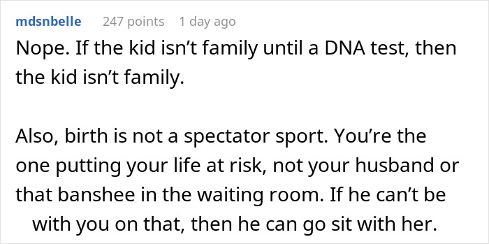 Comment about family and delivery room baby DNA testing highlighting birth risks and waiting room presence.