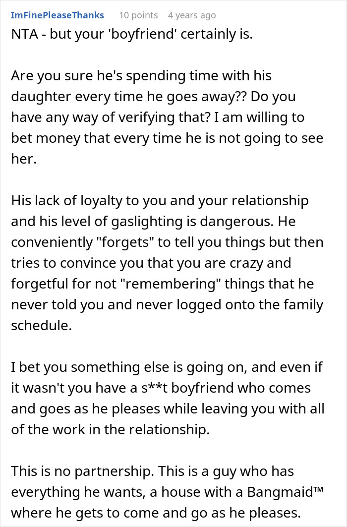 Comment criticizing man who cancels girlfriend’s plans to go on a cycle trip instead of spending time with his daughter. Comment criticizing man who cancels girlfriend’s plans to go on a cycle trip instead of spending time with his daughter.