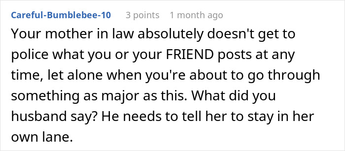 Comment discussing a woman battling cancer and criticism from her mother-in-law, emphasizing support during a major struggle. Comment discussing a woman battling cancer and criticism from her mother-in-law, emphasizing support during a major struggle.