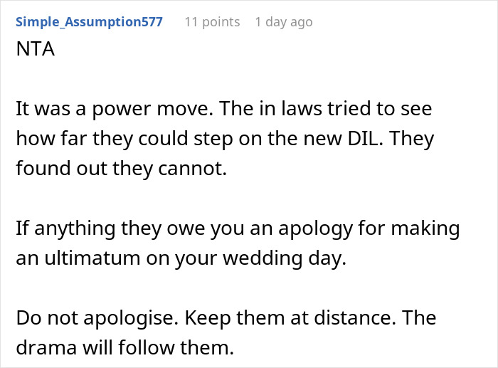 Screenshot of online comment defending bride called self-centered brat by groom's parents for standing up to in-laws. Screenshot of online comment defending bride called self-centered brat by groom's parents for standing up to in-laws.