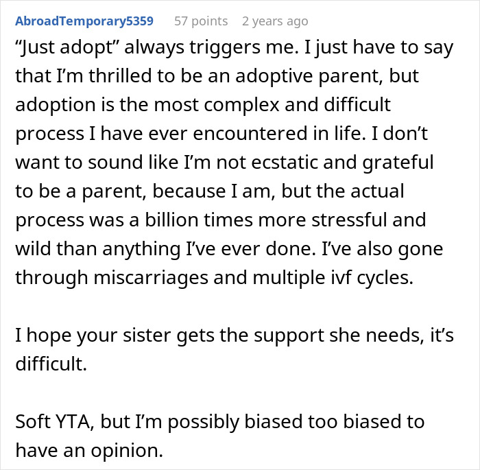 Comment explaining the emotional challenges of adoption and infertility shared by a baby-mad woman struggling to conceive. Comment explaining the emotional challenges of adoption and infertility shared by a baby-mad woman struggling to conceive.