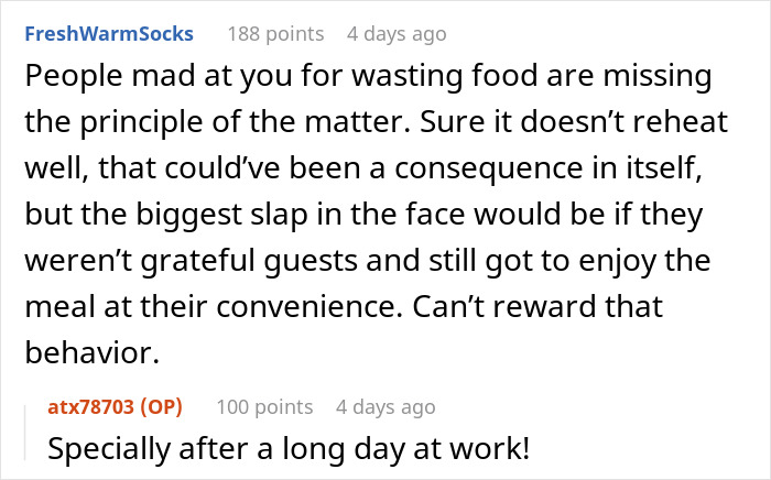 Reddit comments discussing family’s entitled behavior and consequences of being ungrateful guests after a long day at work.