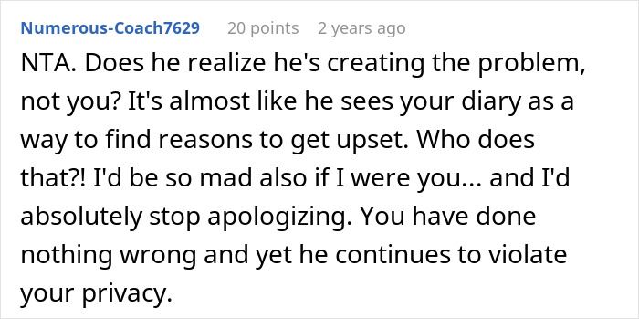 Screenshot of a forum comment discussing a man who reads his wife’s diary behind her back and gets mad about it. Screenshot of a forum comment discussing a man who reads his wife’s diary behind her back and gets mad about it.